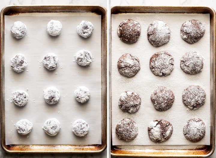 two overhead photos showing how to make Chocolate Crinkle Cookies