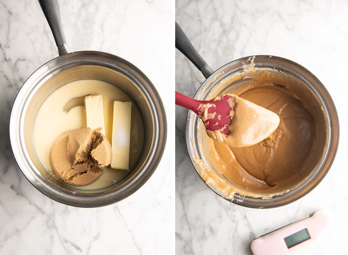 two overhead photos showing how to make Millionaire Shortbread Bars