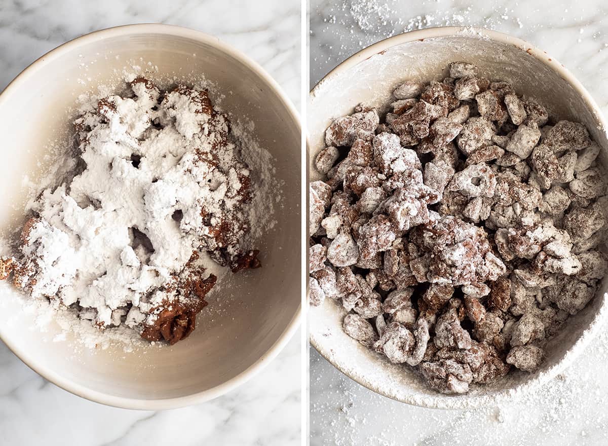 two overhead photos showing how to make Reindeer Food (Christmas Puppy Chow)
