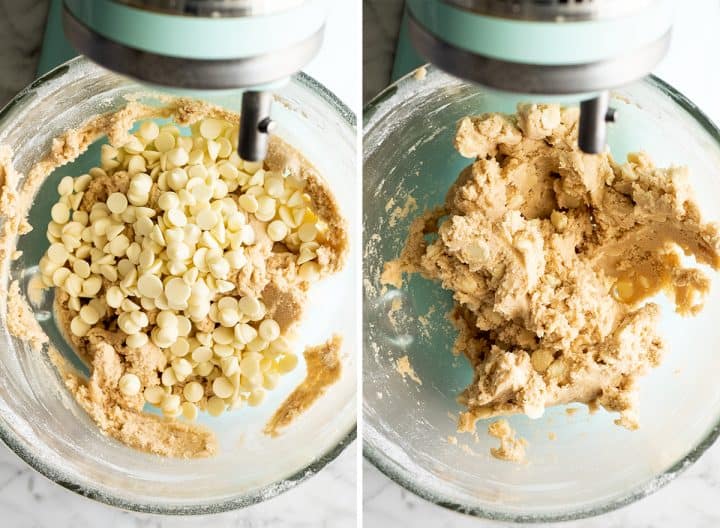 two overhead photos showing how to make White Chocolate Chip Cookies