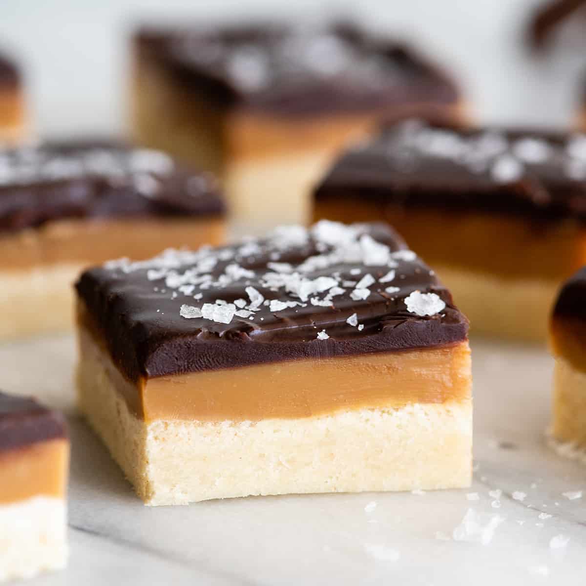 a millionaire's shortbread cookie topped with sea salt