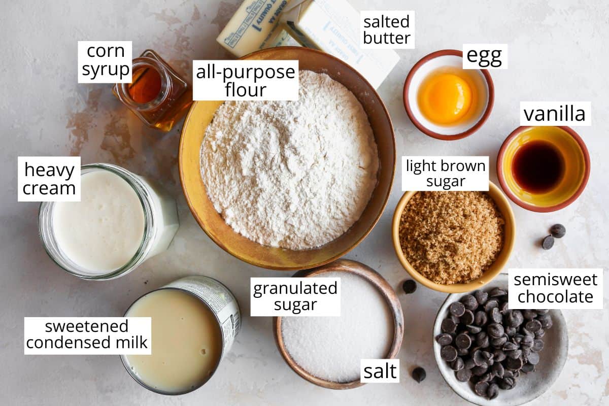 overhead photo of the labeled ingredients in this Millionaire Shortbread Recipe
