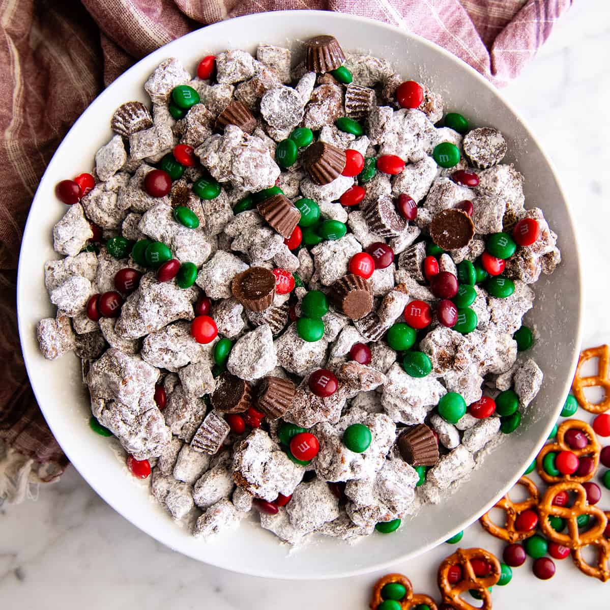 overhead photo of a bowl of Reindeer Food (Christmas Puppy Chow)