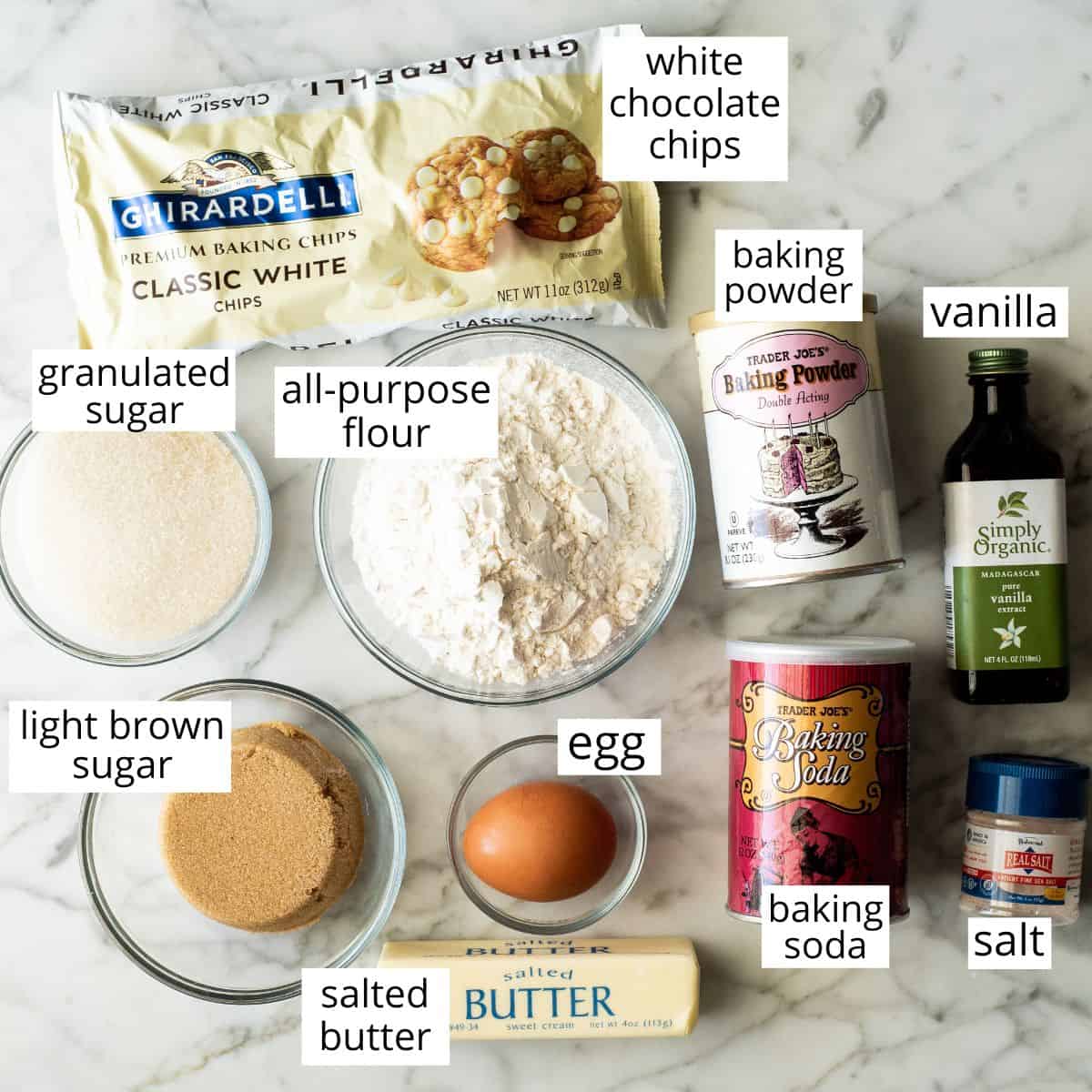 overhead view of the labeled ingredients in this White Chocolate Chip Cookie recipe