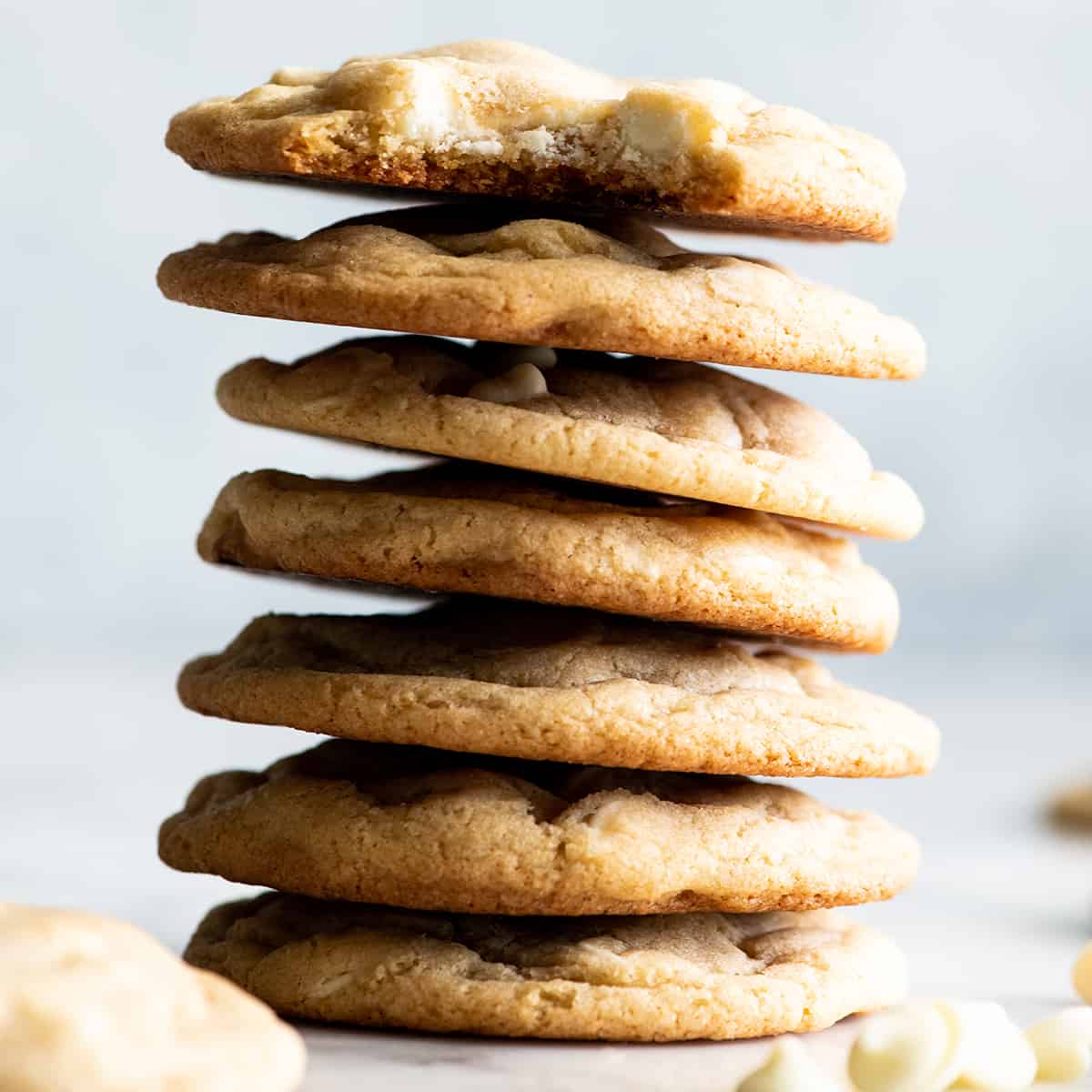 front view of a stack of 7 White Chocolate Chip Cookies