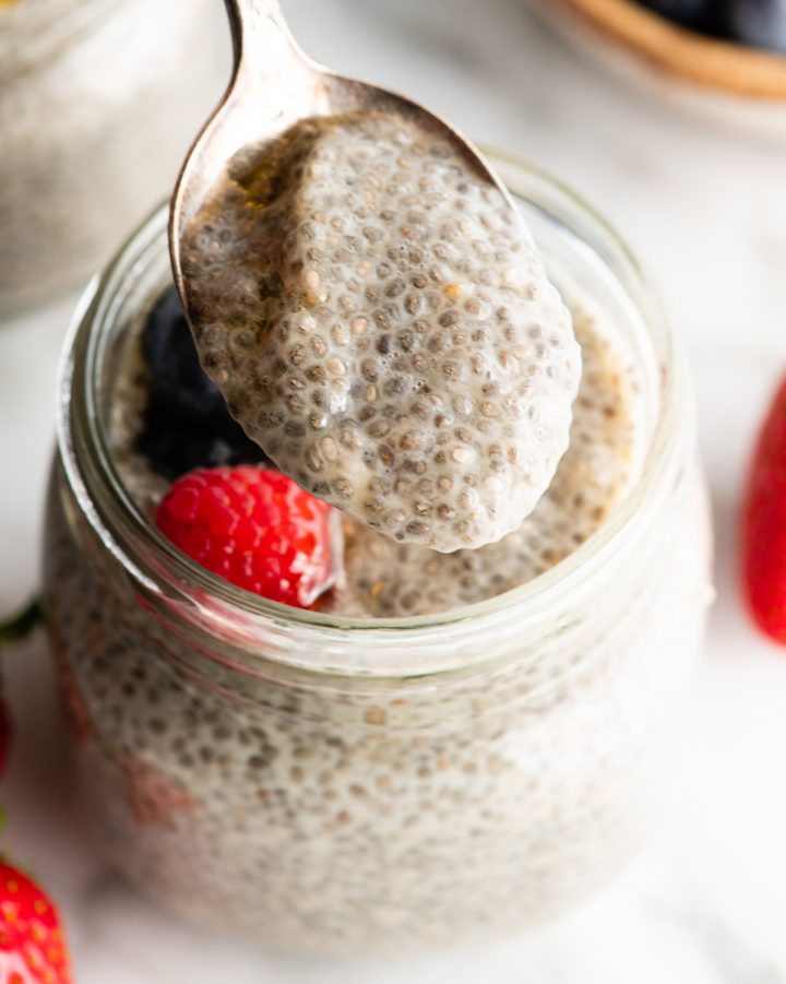 up close photo of a spoon of chia pudding