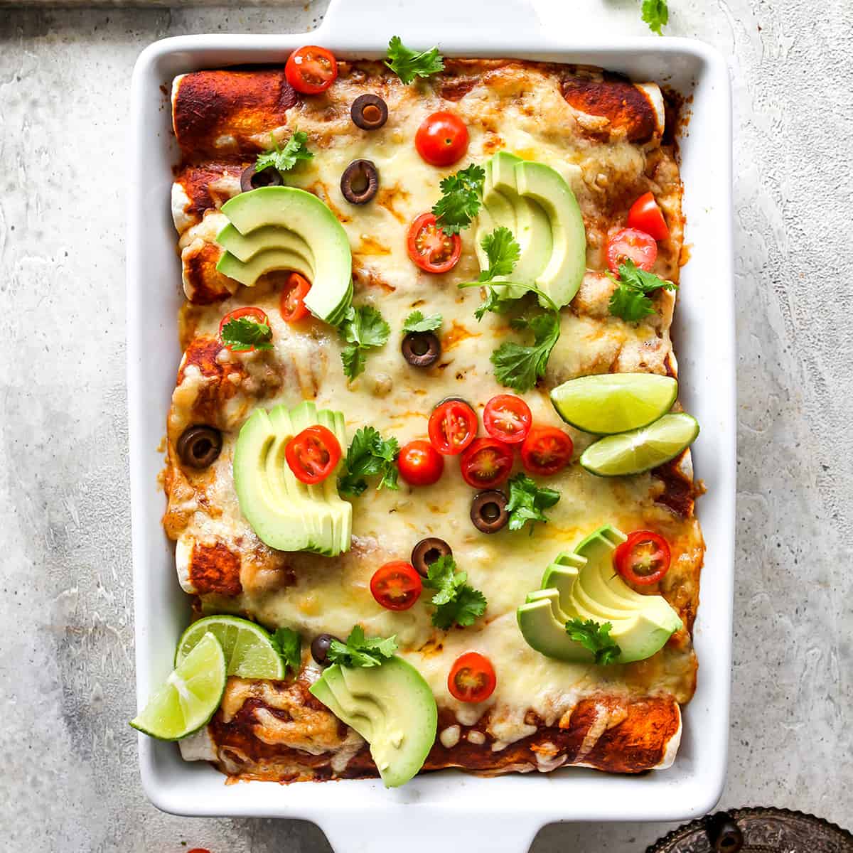 overhead view of Chicken Enchiladas in a baking dish