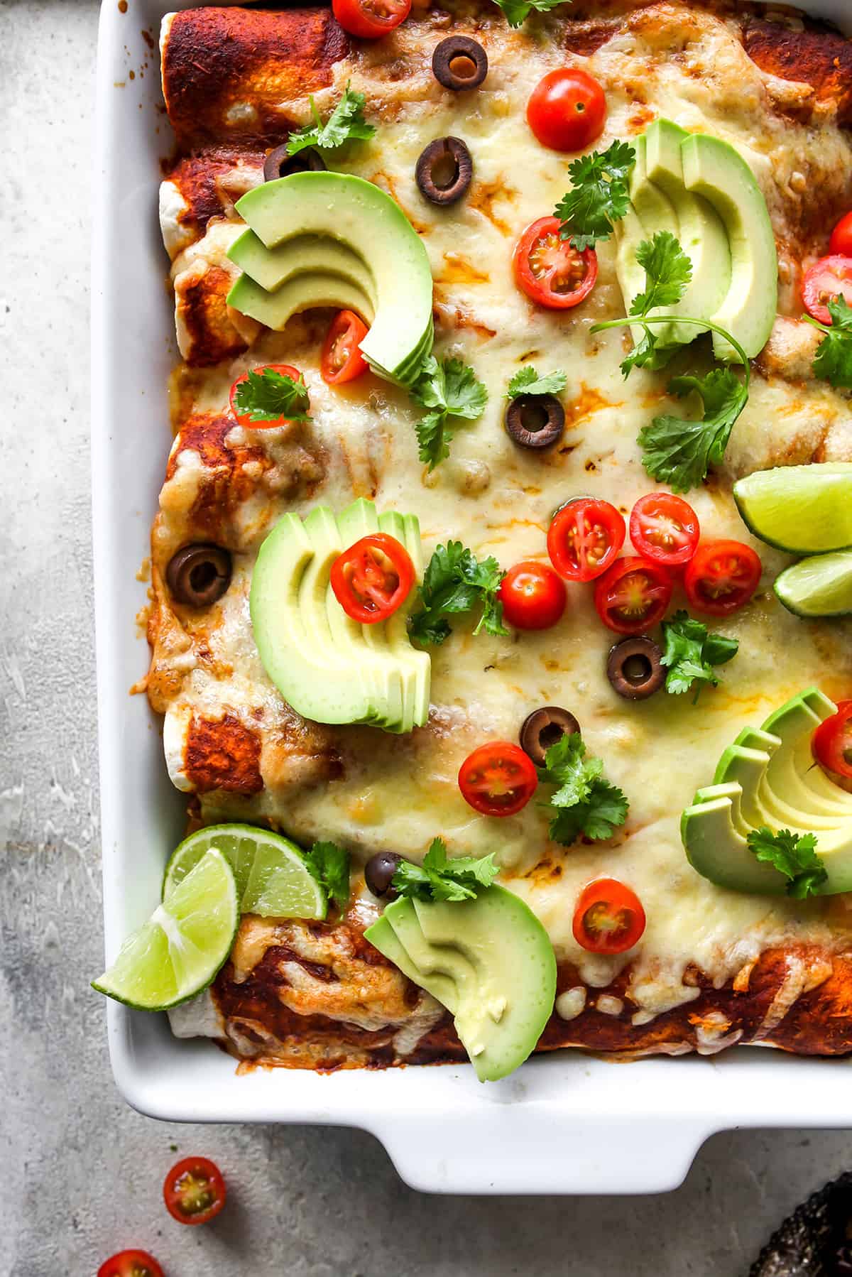 overhead photo of this Chicken Enchilada Recipe in a baking dish