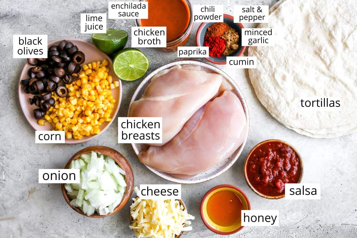 overhead photo of the labeled ingredients in this Chicken Enchiladas Recipe