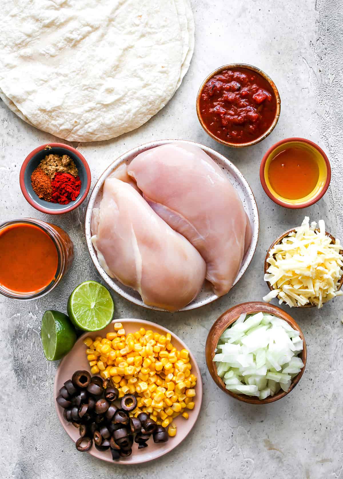 overhead photo of the ingredients in this Chicken Enchiladas Recipe