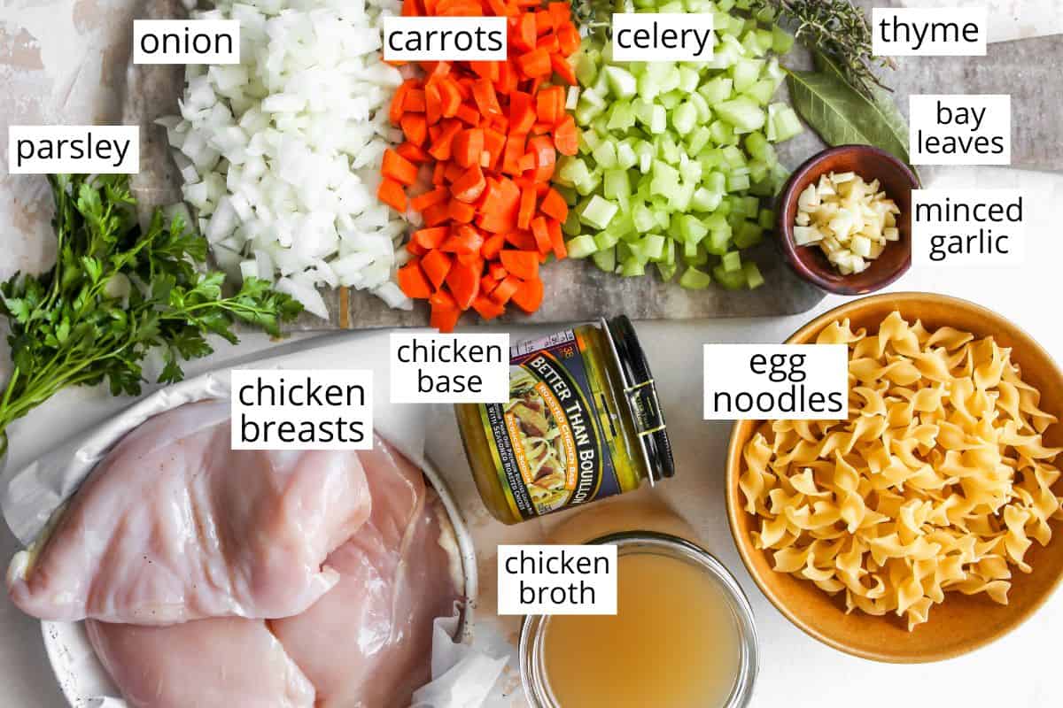 overhead photo of the labeled ingredients in this Homemade Chicken Noodle Soup Recipe