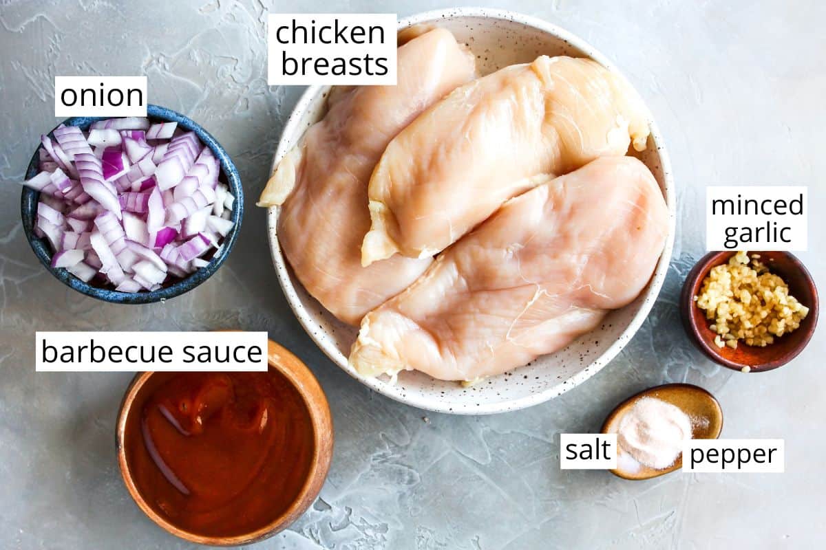 overhead photo of the labeled ingredients in this crockpot bbq chicken recipe 
