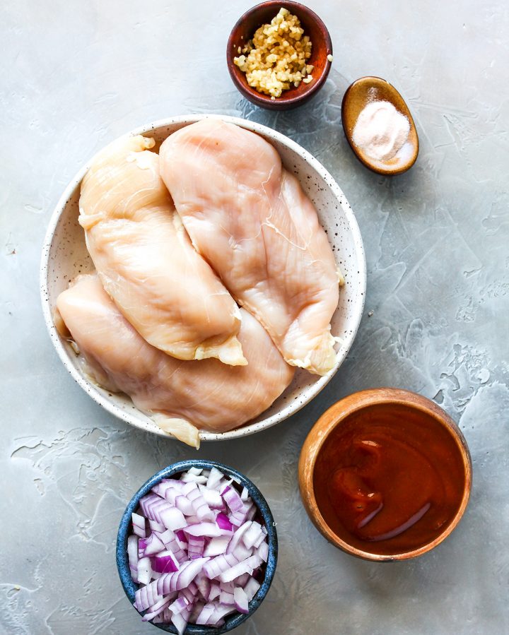 overhead photo of the ingredients in this crockpot bbq chicken recipe 