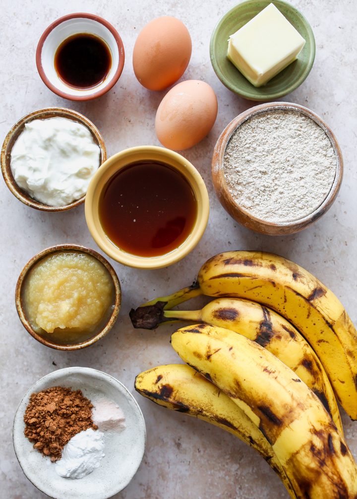overhead photo of the ingredients in this Healthy Banana Bread Recipe