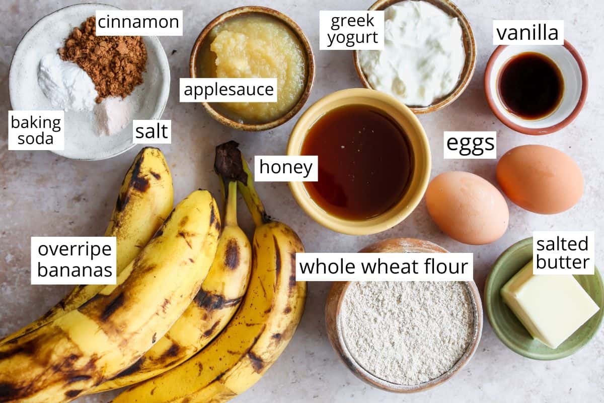 overhead photo of the labeled ingredients in this Healthy Banana Bread Recipe