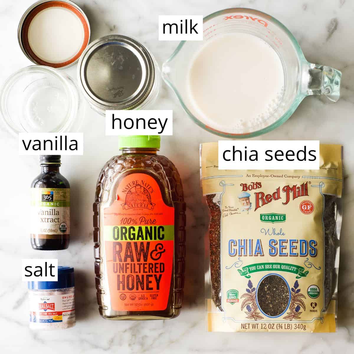 overhead photo of the labeled ingredients in this chia pudding recipe