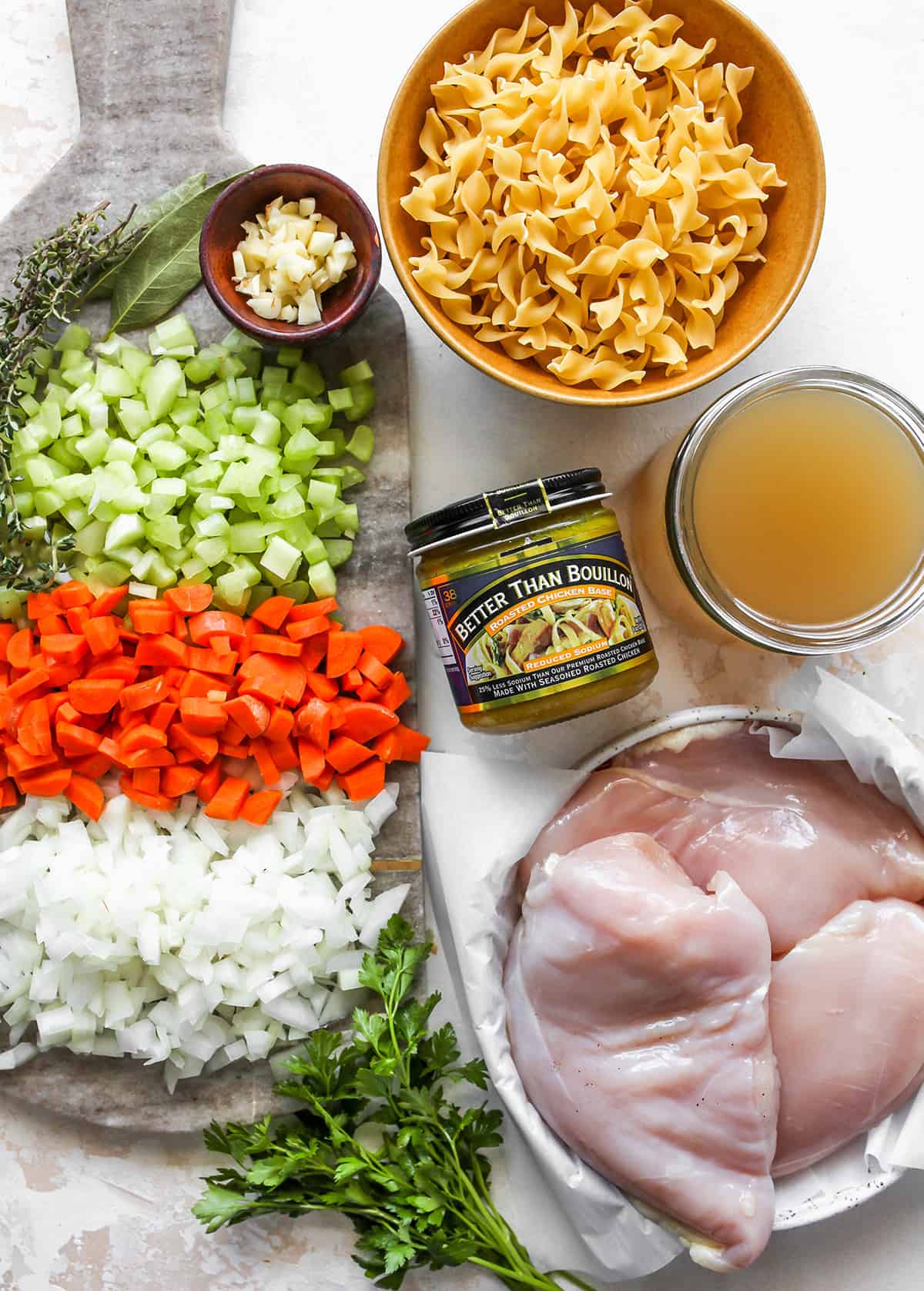 overhead photo of the ingredients in this Homemade Chicken Noodle Soup Recipe