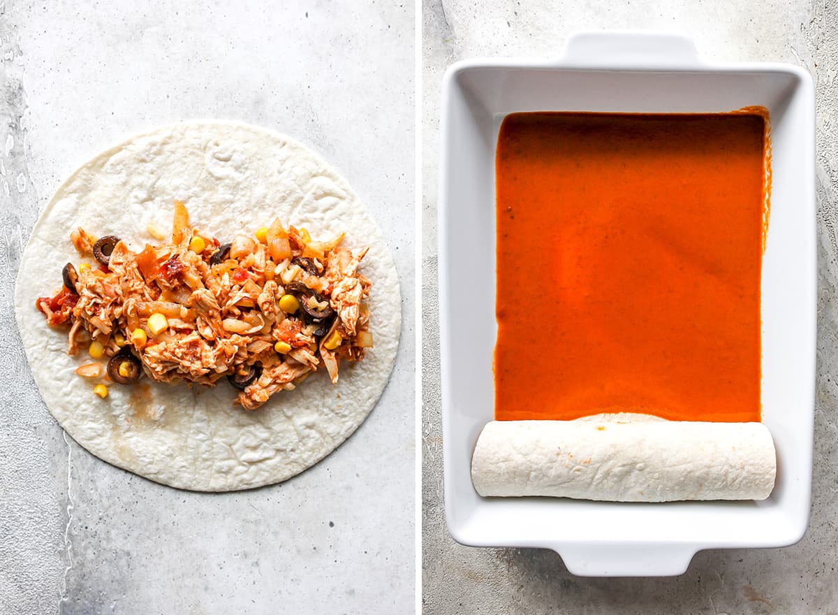 two photos showing How to Make Chicken Enchiladas