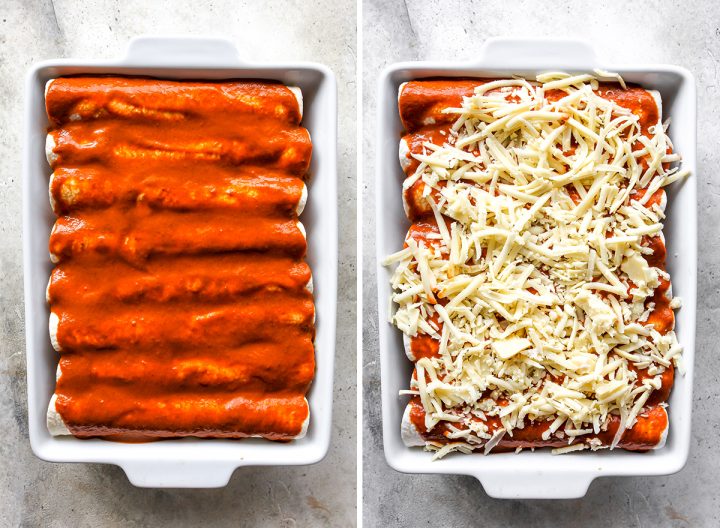 two photos showing How to Make Chicken Enchiladas