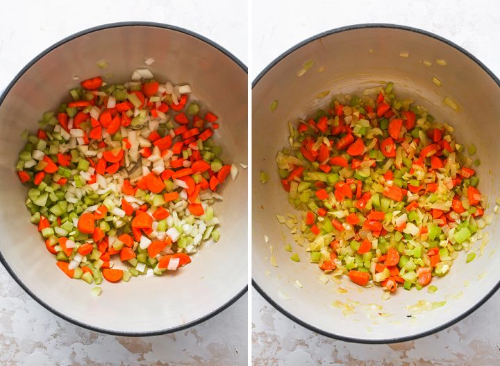 two overhead photos showing How to Make Chicken Noodle Soup