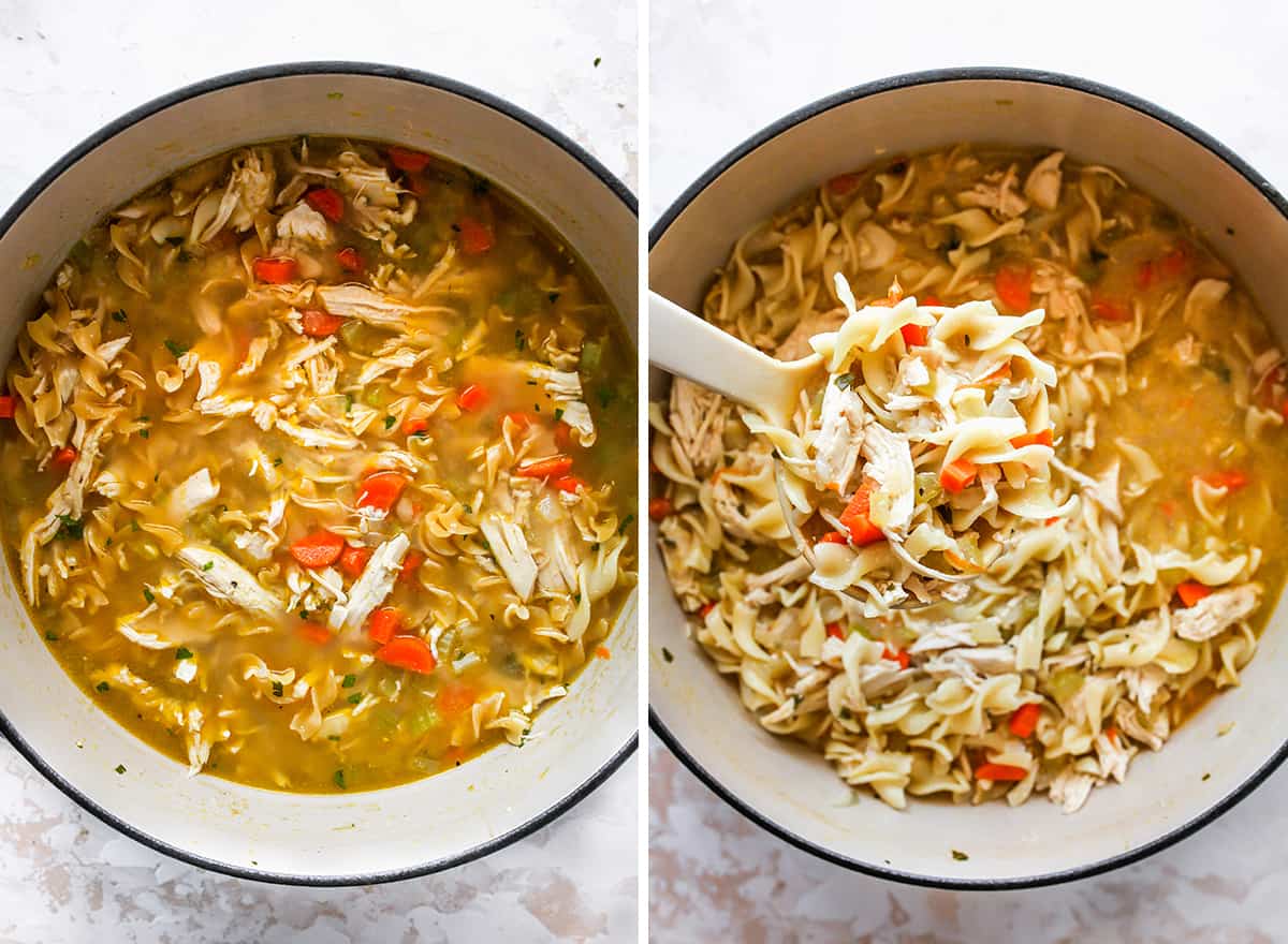 two overhead photos showing How to Make Chicken Noodle Soup