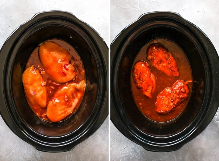two overhead photos showing How to Make Crockpot BBQ chicken