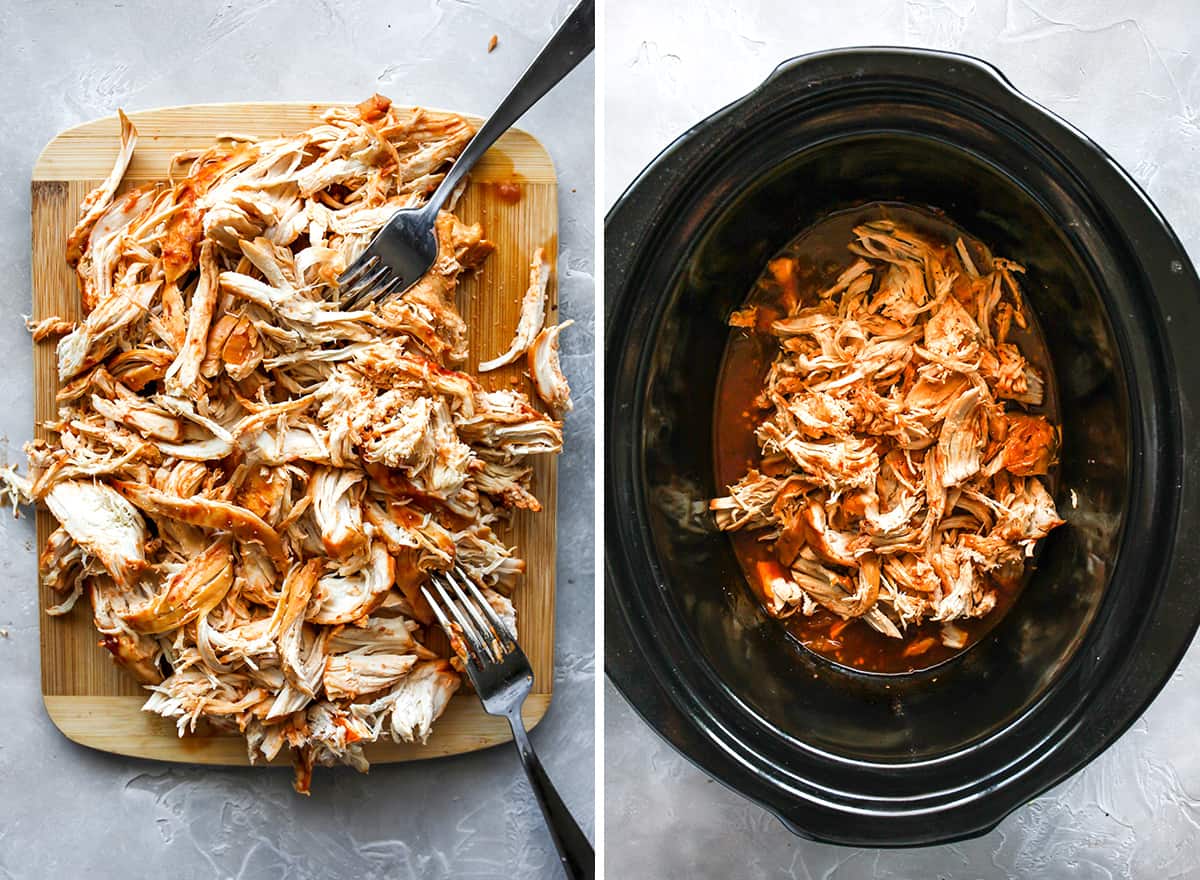 two overhead photos showing How to Make Crockpot BBQ chicken
