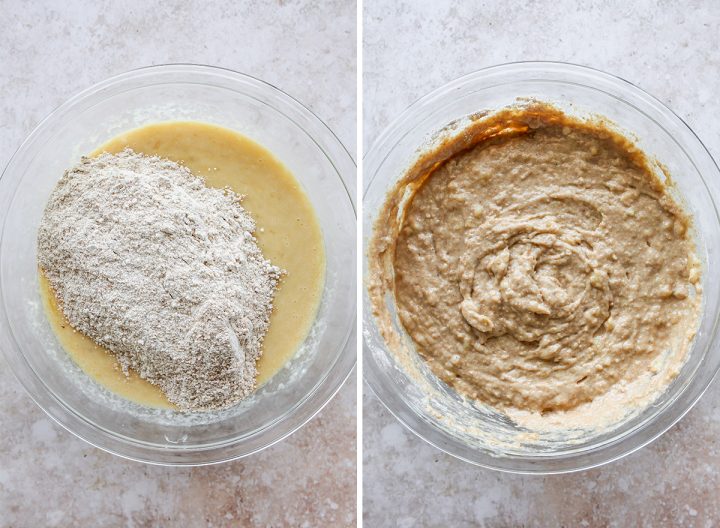 two overhead photos showing How to Make Healthy Banana Bread