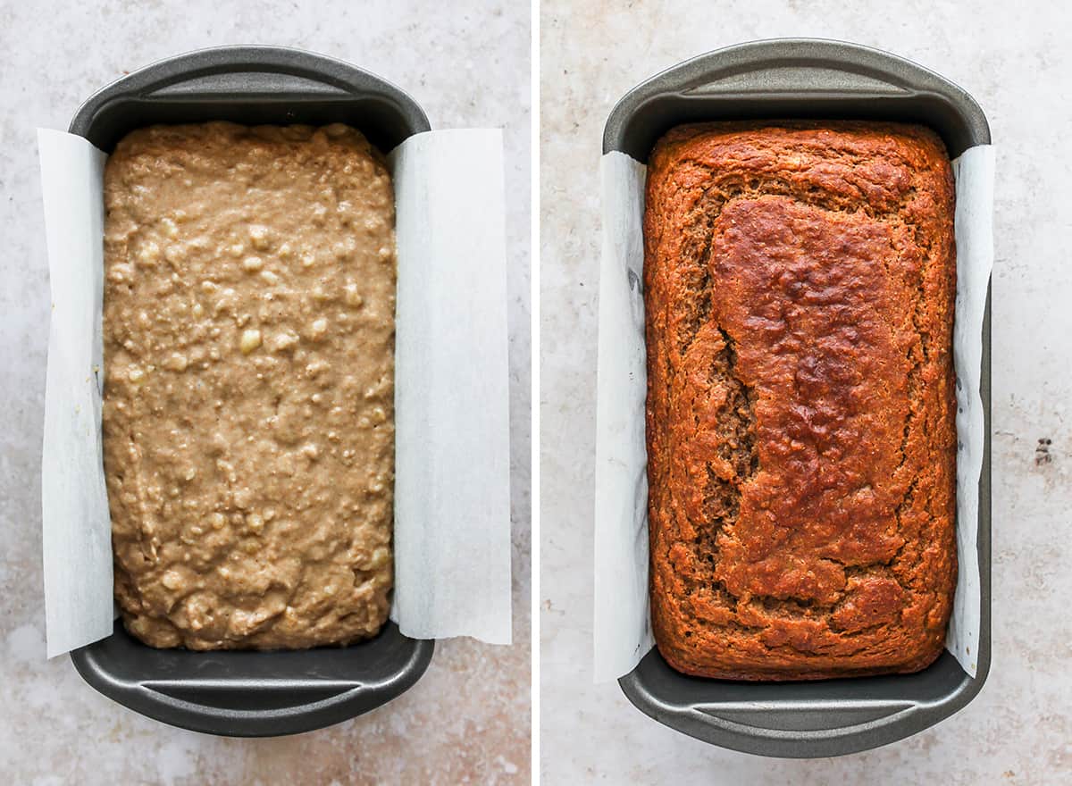 two overhead photos showing How to Make Healthy Banana Bread