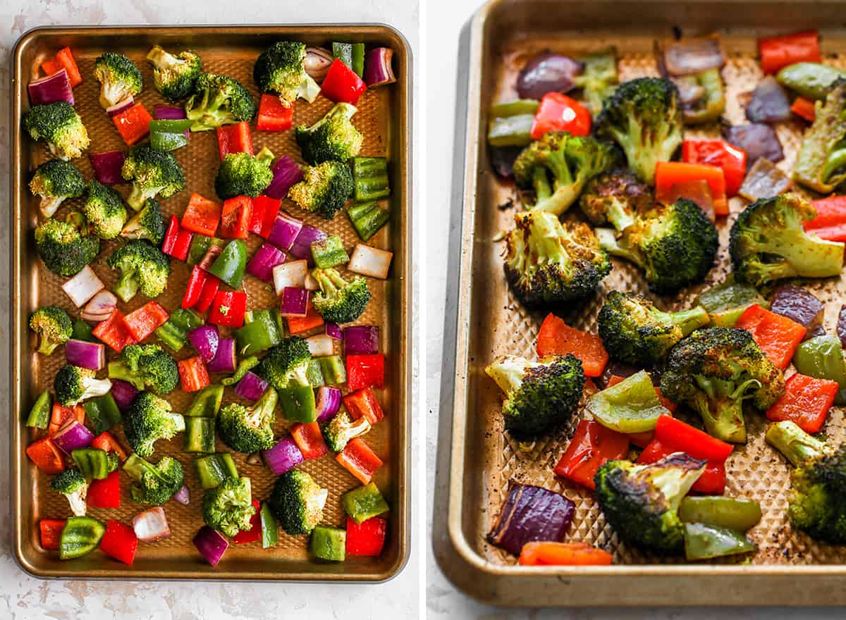 two overhead photos showing How to Roast Vegetables