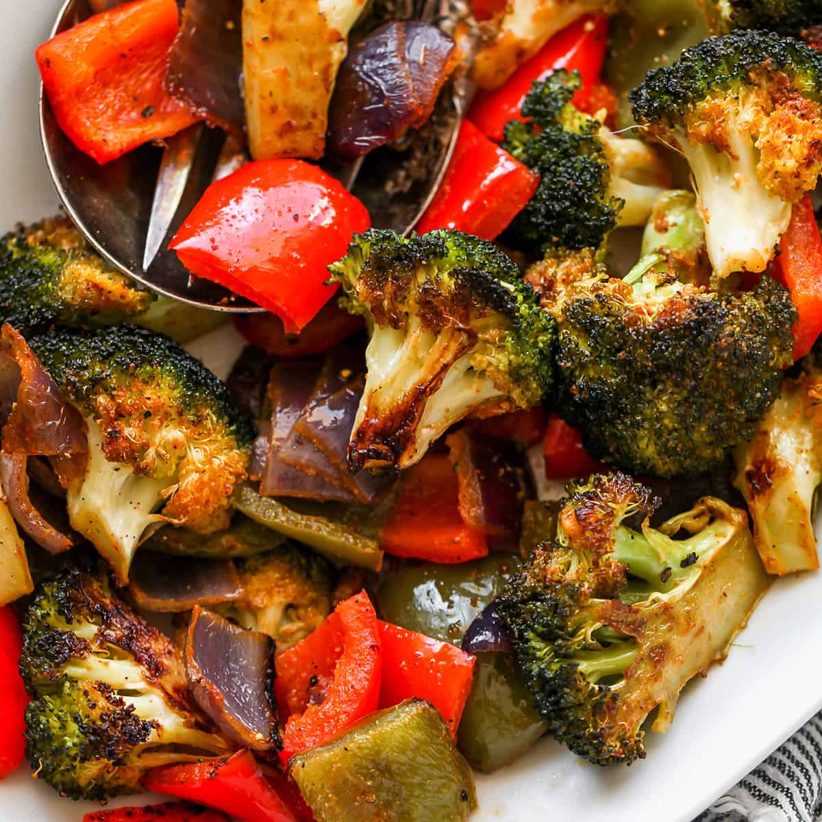 up close, overhead view of Oven Roasted Vegetables on a serving platter