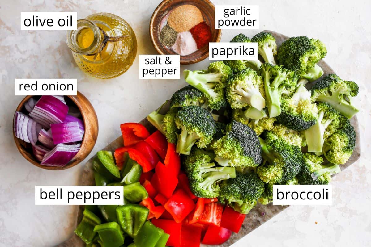overhead view of the labeled ingredients in this Oven Roasted Vegetables Recipe