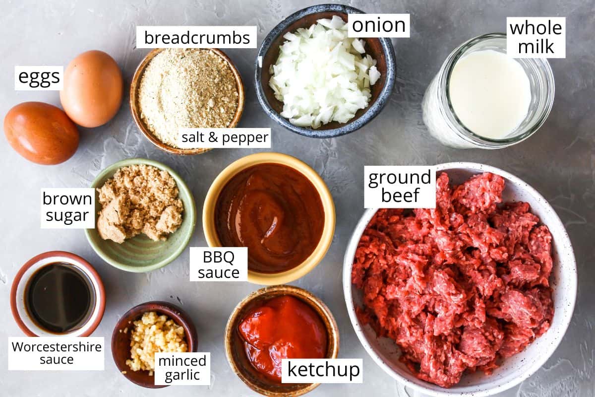 overhead photo of the labeled ingredients in this best meatloaf recipe