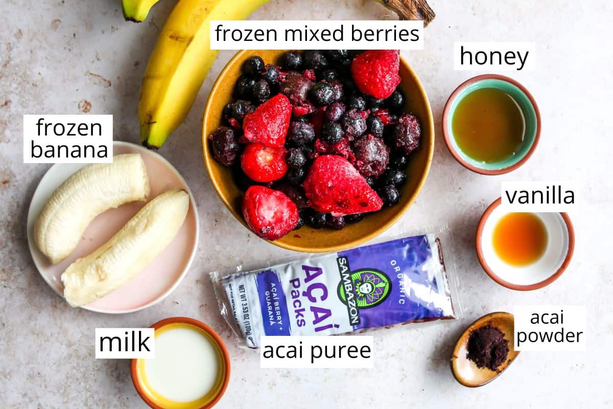 photo of the labeled ingredients in this Homemade Acai Bowl Recipe