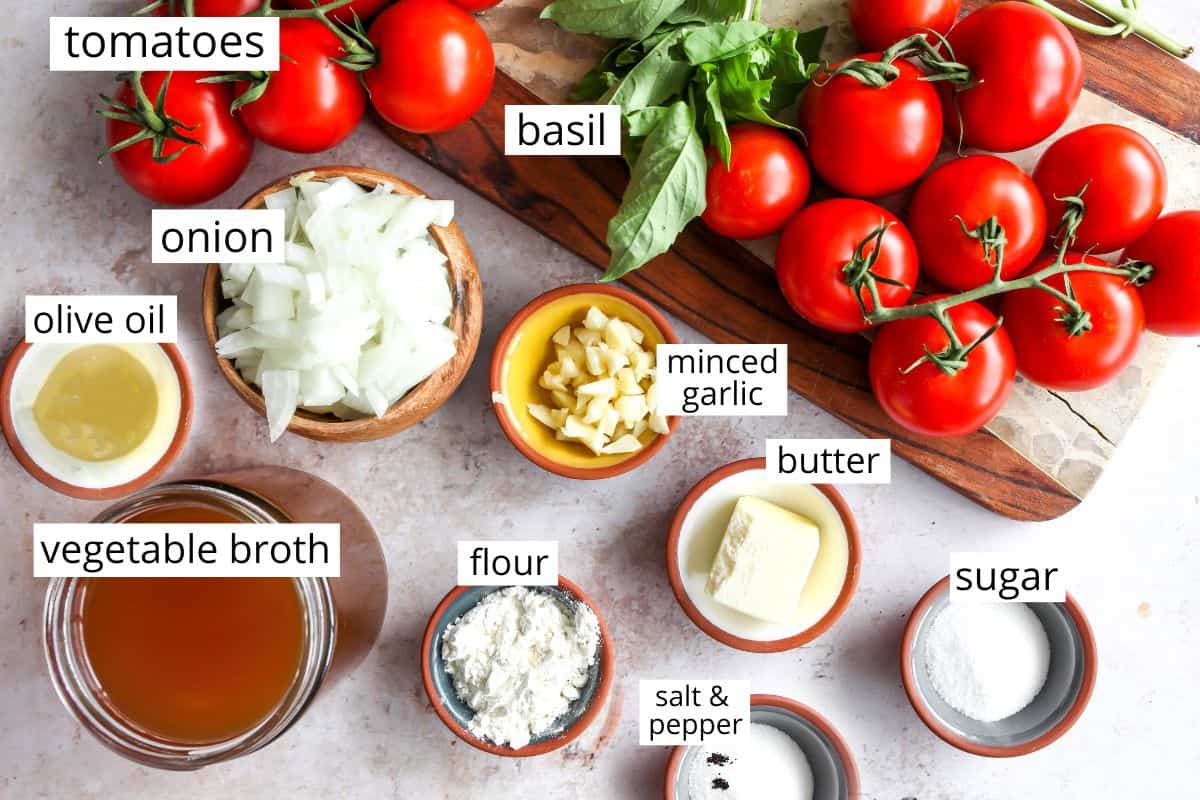 overhead photo of the labeled ingredients in this Homemade Tomato Soup Recipe