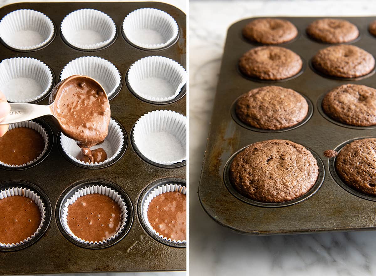 two photos showing How to Make Chocolate Cupcakes