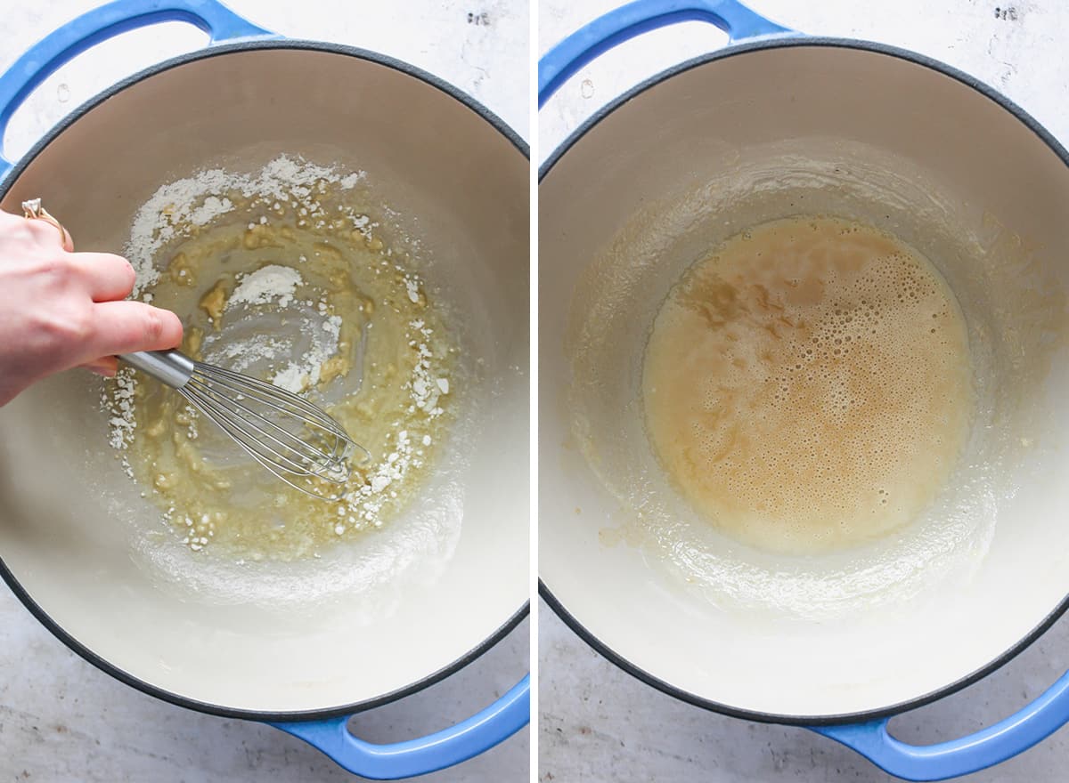 two overhead photos showing How to Make Tomato Soup