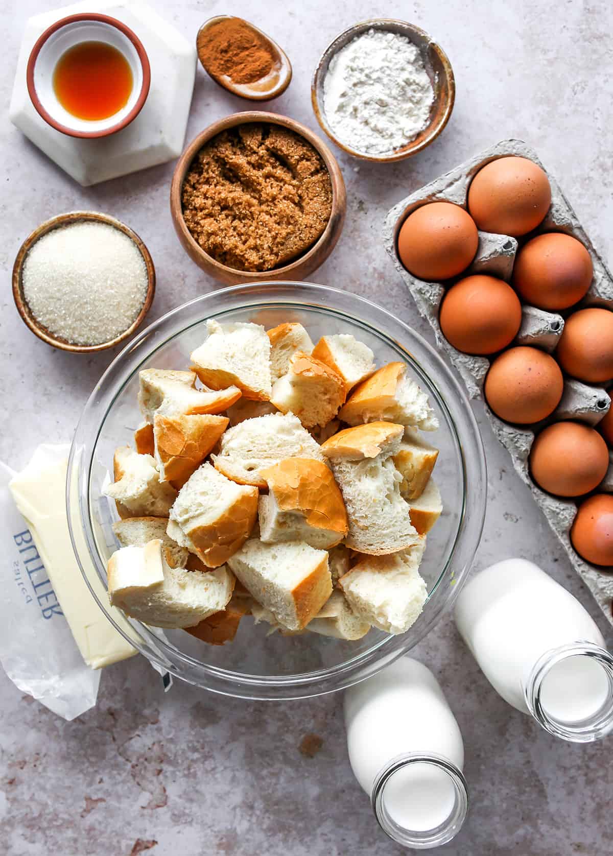 overhead photo of the ingredients in this overnight Baked French Toast Casserole recipe