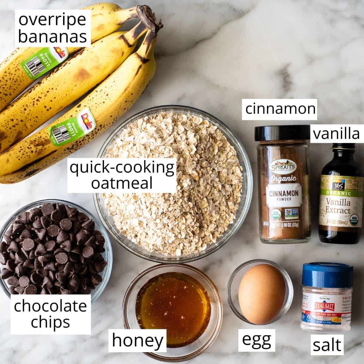 overhead photo of the labeled ingredients in this Banana Oatmeal Cookies recipe