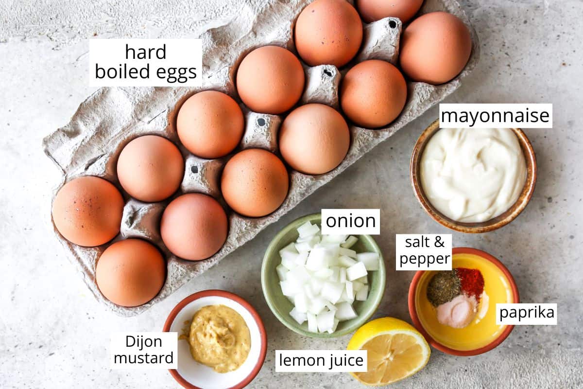 overhead photo of the labeled ingredients in this egg salad recipe