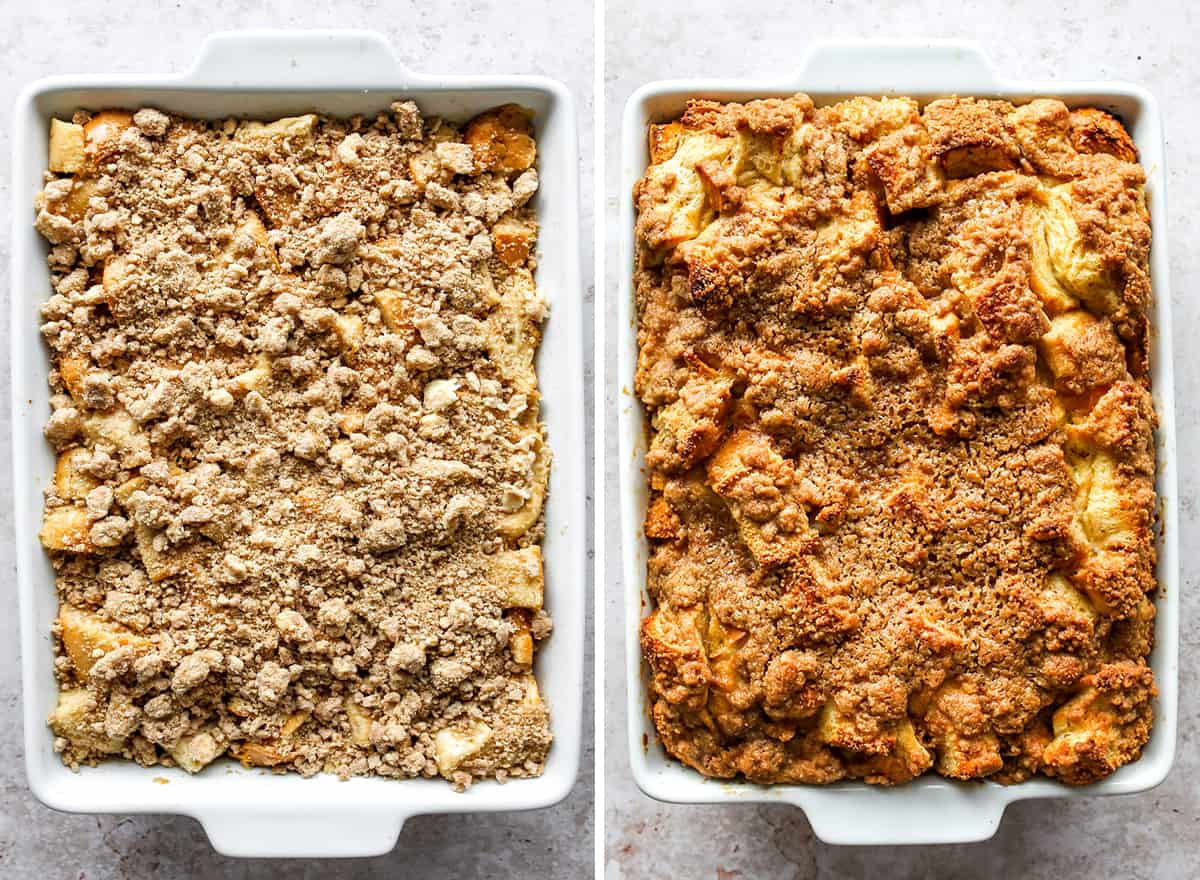 two photos showing overnight French Toast Casserole before and after baking