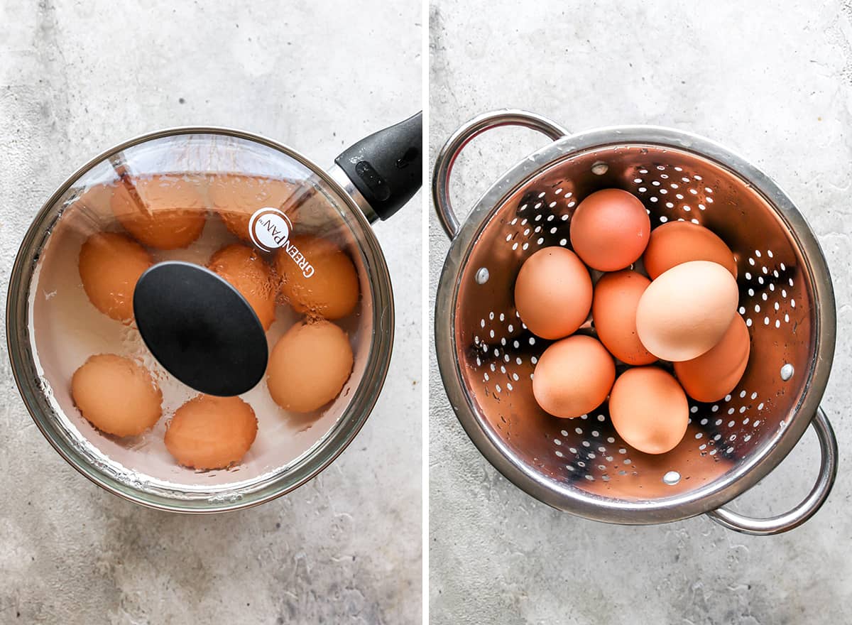 two photos showing how to make hard boiled eggs to make avocado egg salad