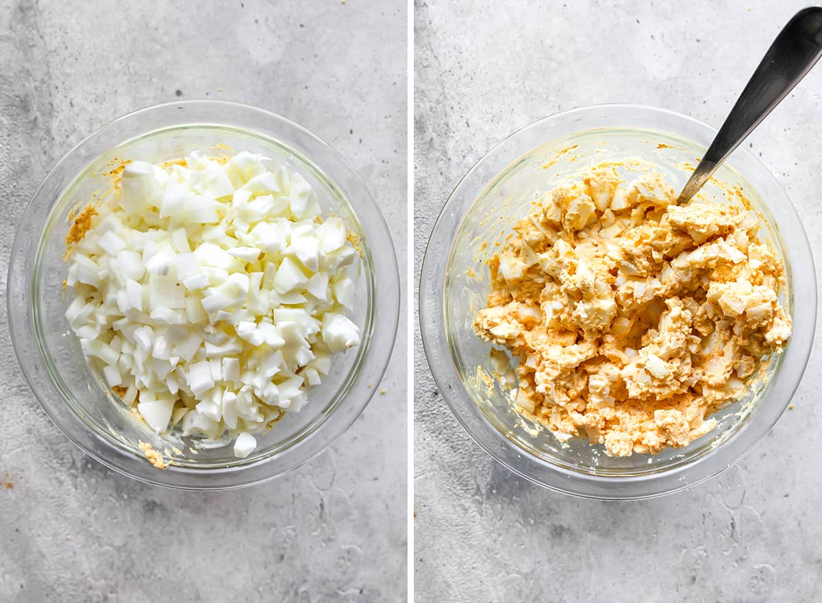 two overhead photos showing How to Make Egg Salad