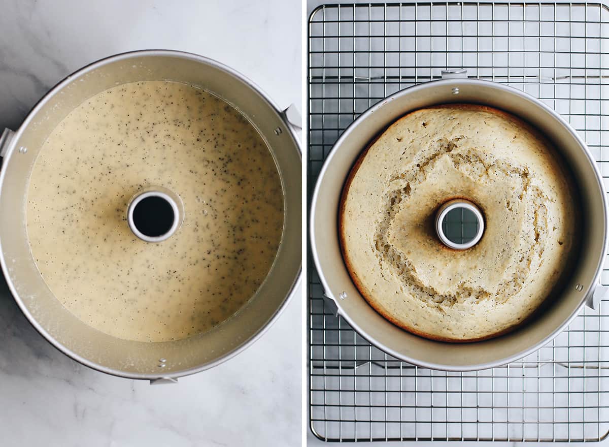 two overhead photos showing How to Make Poppy Seed Cake