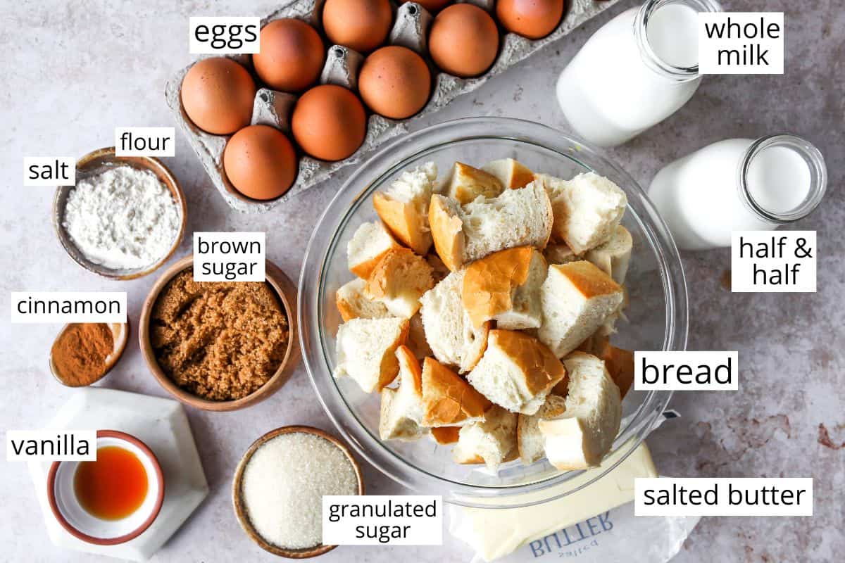 overhead photo of the labeled ingredients in this overnight French Toast Casserole recipe