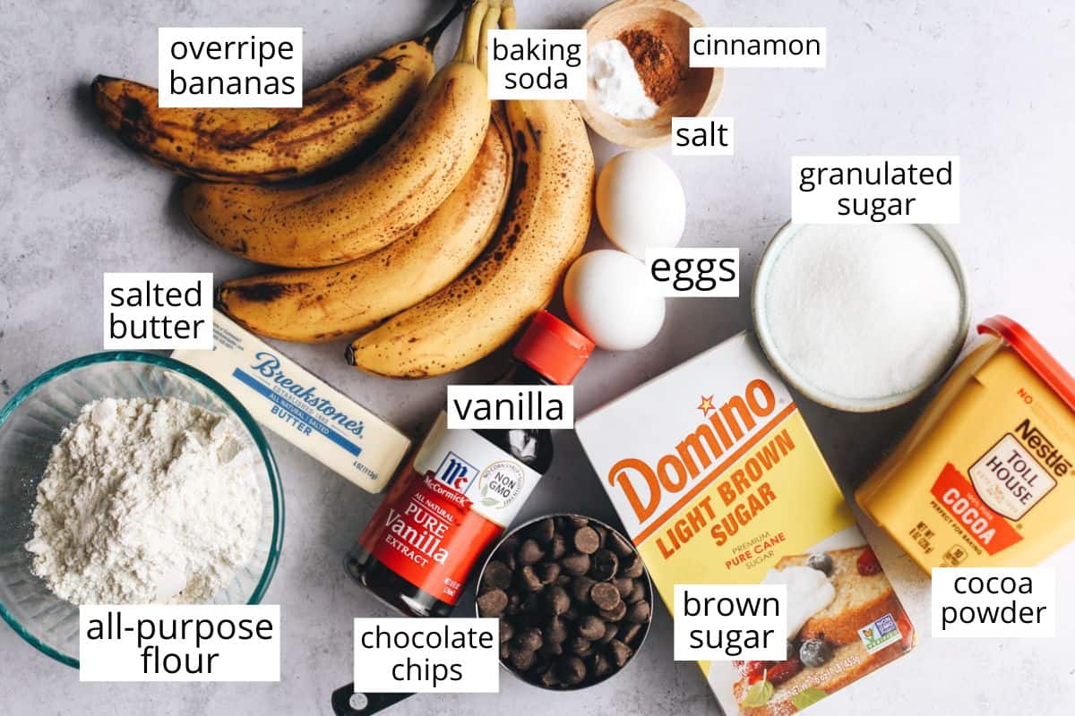 overhead photo of the labeled ingredients in this Chocolate Banana Bread recipe