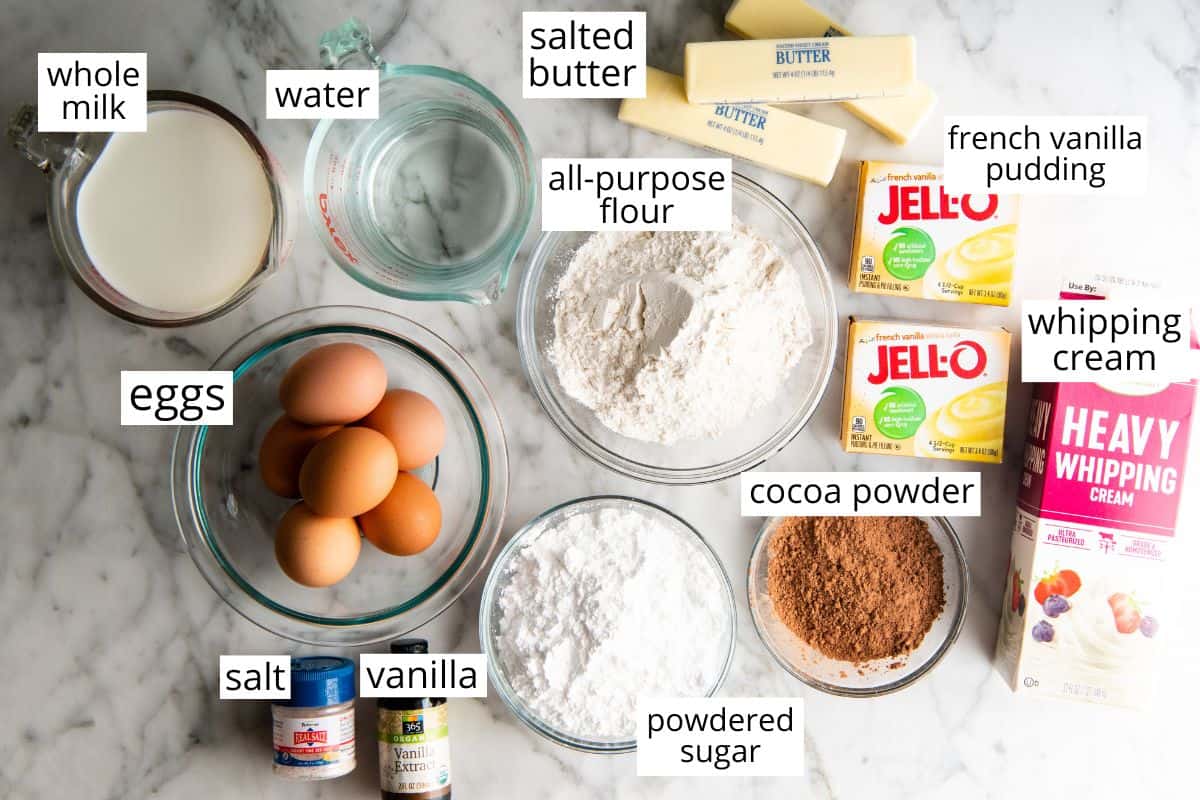 overhead photo of the labeled ingredients in this Chocolate Eclair Cake Recipe