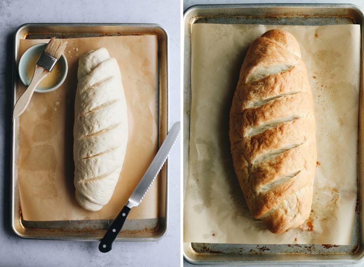 two overhead photos showing How to Make French Bread