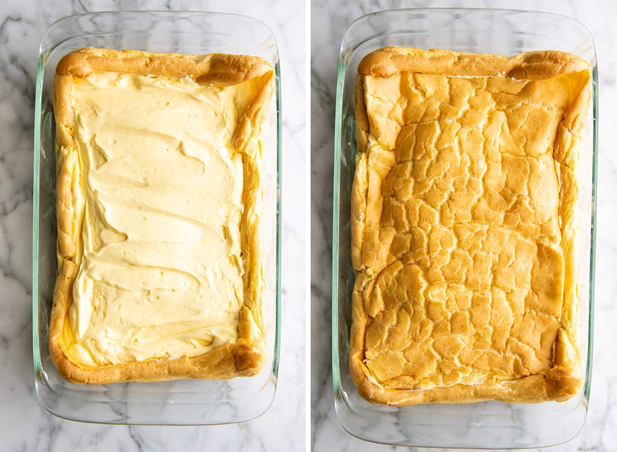 two overhead photos showing How to Make Eclair Cake