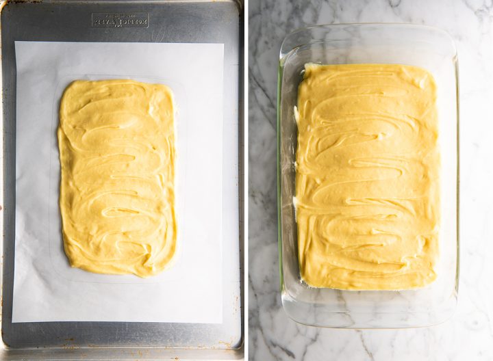 two overhead photos showing How to Make Eclair Cake